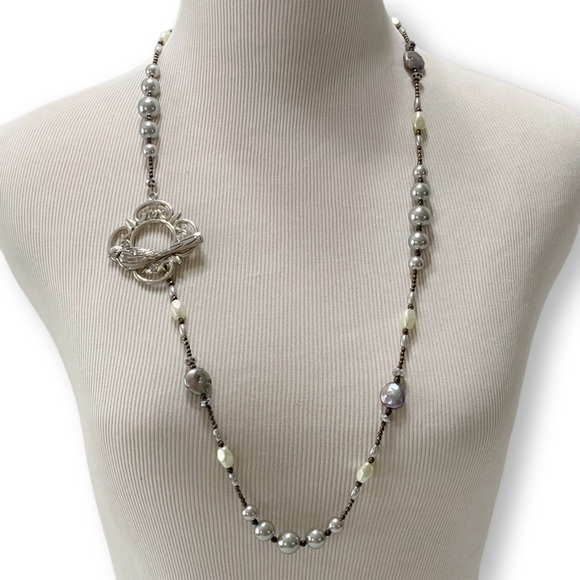 Handmade Long Fresh Water Ivory & Silver Pearl Necklace with Swarovski crystals - Picture 1 of 5